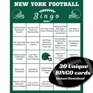 New York Football Bingo / Go Jets / 30 cartelle uniche / Download immediato / Bingo evento live / Bingo giorno partita / Watch Party / Jets