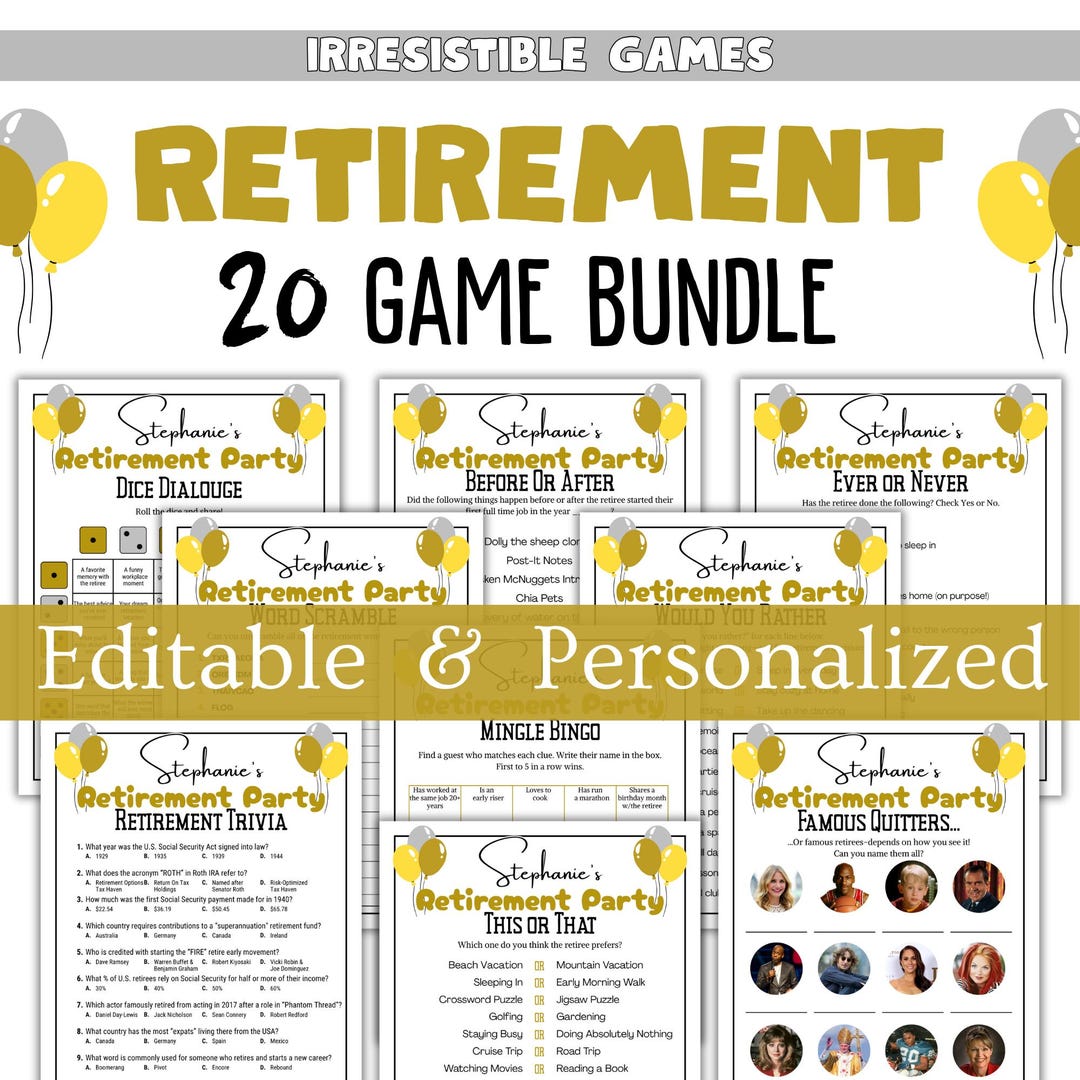 Printable Retirement Fun Guide.pdf Editable Retirement Game Bundle | Printable Retirement Party Games ...