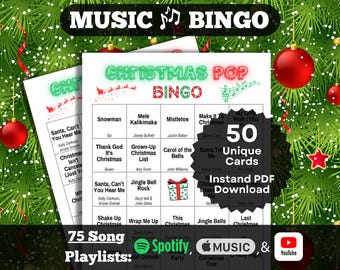 Music Bingo: Christmas Pop. Your favorite current Holiday Hits. 50 cards, Instant Download. Spotify, Apple Music, and YouTube playlists.