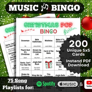 Music Bingo: Pop de Natal. Seus hits favoritos de Natal atuais. 200 cartões, download instantâneo. Spotify, Apple Music e playlists do YouTube.