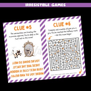May include: A two-page game spread with purple diagonal stripes and the text "IRRESISTIBLE GAMES." One page features a maze and the text "CLUE #6." The other page has a mirror graphic and the text "CLUE #5."