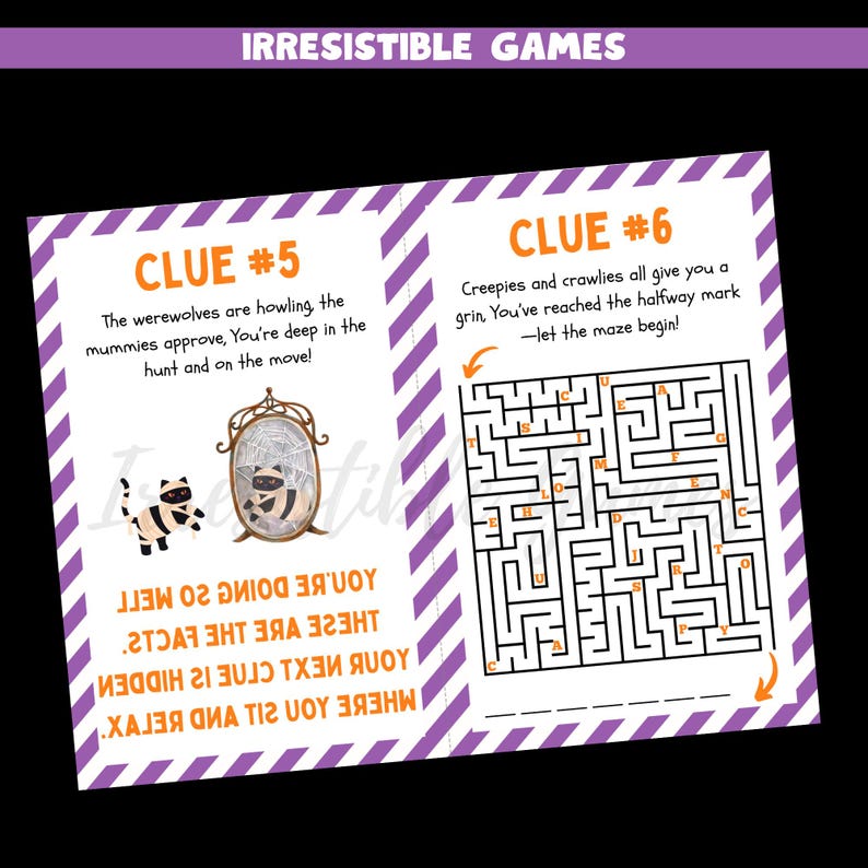 May include: A two-page game spread with purple diagonal stripes and the text "IRRESISTIBLE GAMES." One page features a maze and the text "CLUE #6." The other page has a mirror graphic and the text "CLUE #5."