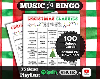 Music Bingo: Christmas Classics. Your favorite oldies Holiday Hits. 100 cards, Instant Download. Spotify, Apple Music, YouTube playlists.