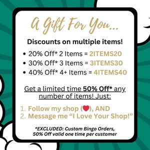 This is a gift for you. Use promos codes 2ITEMS20 for a 20% discount on 2 items, 3ITEMS30 for 30% off 3 items, and 4ITEMS40 for 40% off orders of 4 or more items. Follow my shop and message me for a limited time 50% off coupon.