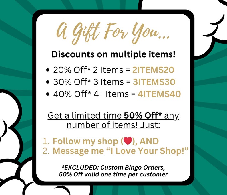 This is a gift for you. Use promos codes 2ITEMS20 for a 20% discount on 2 items, 3ITEMS30 for 30% off 3 items, and 4ITEMS40 for 40% off orders of 4 or more items. Follow my shop and message me for a limited time 50% off coupon.