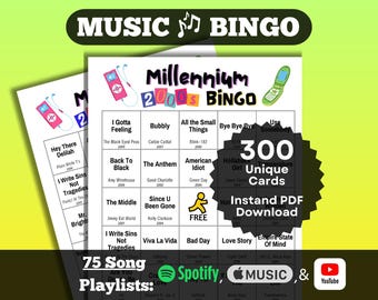 Millennium 2000s Songs Music Bingo. Hits from 2000-2009. 300 unique cards. Instant Download. Playlists on Spotify, Apple Music, YouTube.