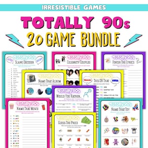 May include: A collection of colorful 90s-themed game bundles. The image features various game cards with titles like "Slang Decoder," "Celebrity Couples," and "Name That Album." The text "Totally 90s" is prominently displayed.