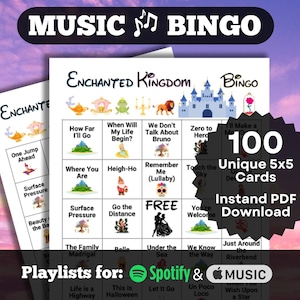 Bingo Musical: Reino Encantado. Canciones y música de películas animadas, set de 100 cartones, descarga instantánea, listas de reproducción de Spotify y Apple Music.