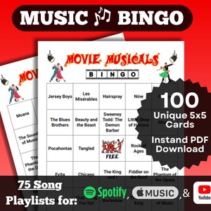 Bingo musical: musicales de películas. Canciones de las mejores películas musicales. Juego de 100 cartas, descarga instantánea. Spotify, Apple Music, listas de reproducción de YouTube.