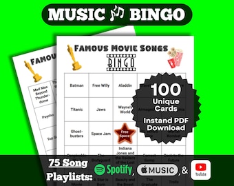 Musik Bingo: Berühmte Film Songs (Movie Bingo, 100 Karten Set, Instant PDF Download, Spotify, Apple Music, YouTube Playlists)