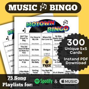 Jeu de bingo musical Motown | Bingo musique rétro | Chansons Motown des années 60 et 70 | 300 cartes de bingo, téléchargement immédiat | Listes de lecture Spotify et Apple Music