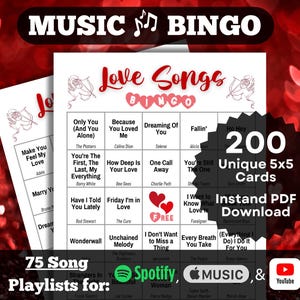 Liebeslieder Musik Bingo | Galentine's Day und Bridal Shower Spiel | Valentinstag Bingo | 200 Karten | Sofortdownload | Inklusive Playlists