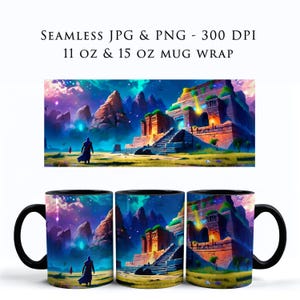 May include: A black mug with a colorful design of a mystical landscape. The design features a large stone structure with steps leading up to a doorway, surrounded by mountains and a starry sky. A figure in a dark robe walks towards the structure.