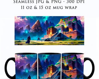 Envoltorio para taza de café de fantasía sin costuras, regalo para jugadores, PNG, envoltura para taza de 11 oz y 15 oz, envoltura para taza de sublimación PNG, envoltura para taza MTF de Magic the Gathering, MW0006