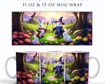 Envoltorio de taza lindo de Bunny Coven, envoltorio de taza de café MTG Bloomburrow PNG, envoltorio de taza sin costuras PNG, diseños de envoltorios de tazas para niños, envoltorio de taza para niños, MW0006