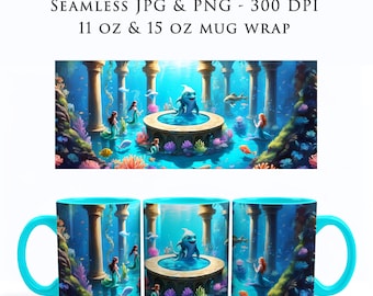 Envoltura para taza con animales lindos del océano, envoltura para taza sin costuras PNG, envoltura para taza de café MTG Bloomburrow PNG, diseños de envolturas para tazas para niños, envolturas para tazas para niños, MW0006