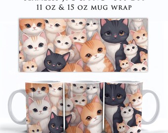 Envoltura de taza de gatos sin costuras PNG, envoltura de taza de café linda, envoltura de taza kawaii, envoltura de taza de café para niños, diseños de envoltura de taza para niños, envoltura de taza para niños, MW0006