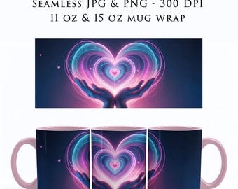 Envoltura para taza con forma de corazón sin costuras de 11 oz y 15 oz, envoltura para taza de café, envoltura para taza del día de San Valentín, envoltura para taza Love de 11 oz, PNG de sublimación, MW0006
