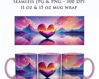 Envoltorio para taza con forma de corazón sin costuras de 11 oz y 15 oz, envoltorio para taza de café, envoltorio para taza del día de San Valentín, envoltorio para taza Love de 11 oz, PNG de sublimación, envoltorio para taza rosa, MW0006