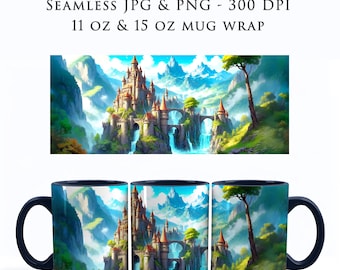 Envoltorio de taza de fantasía de jugador, regalo para jugadores, arte de castillo, envoltorio de taza de café Magic the Gathering MTG, envoltorio de taza de 11 oz y 15 oz, sublimación PNG, MW0006