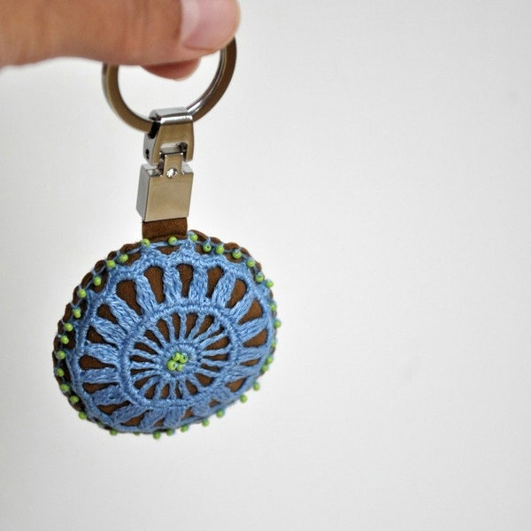 Eco friendly textile keychain keyring. Brown and blue textile key chain. leather and cotton keychain. Beaded keychain