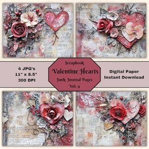 Valentine Hearts Junk Journal Pages: Mixed Media Collage (Digital Download)