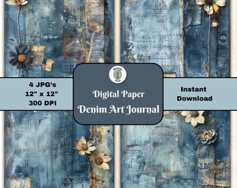 Vintage Denim Floral Junk Journal Paper | Antique Collage Craft Sheet | Blue Denim JPG  Scrapbooking Page | Printable Paper Digital Download