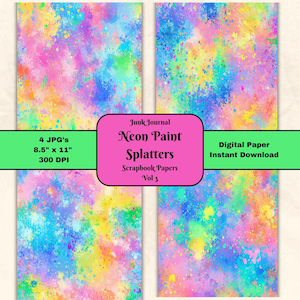 Neon Paint Splatter Scrapbook Paper Vol 3 - Colorful Abstract Art Decoupage Craft JPG Junk Journal 8.5x11 Printable Page Digital Download