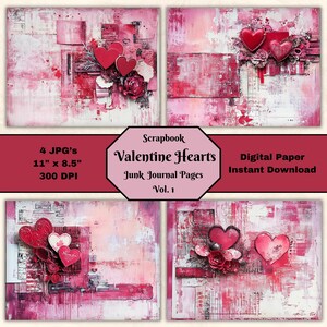 Valentine Hearts Junk Journal Pages: Mixed Media Collage (Digital Download)