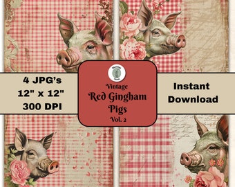 Vintage Red Gingham Pigs Floral Junk Journal Paper Vol 2 Antique Farm Collage, Pig JPG, Scrapbooking Page, Printable Paper Digital Download