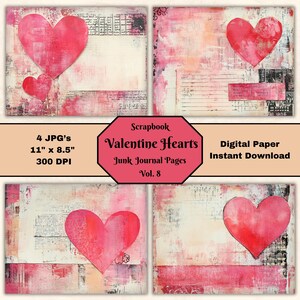 Valentine Hearts Junk Journal Pages: Mixed Media Collage (Digital Download)