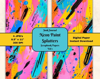 Neon Paint Splatter Scrapbook Paper: Abstract Art (Digital Download)