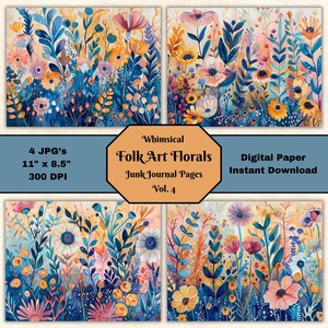 Whimsical Folk Art Floral Junk Journal Page V4 Landscape 11x8.5 Digital Scrapbook Collage Sheet Printable Paper JPG Digital Instant Download