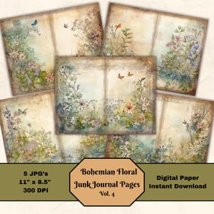 Shabby Chic Bohemian Floral Junk Journaling Pages V4 Digital 11x8.5 Art Media Paper Sheet Scrapbooking Printable Paper JPG Digital Download