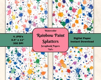 Watercolor Rainbow Paint Splatter Scrapbook Paper: 8.5x11 Junk Journal (Digital Download)