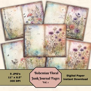 Shabby Chic Bohemian Floral Junk Journaling Pages V1 Digital 11x8.5 Art Media Paper Sheet Scrapbooking Printable Paper JPG Digital Download