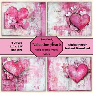 Valentine Hearts Junk Journal Pages: Mixed Media Collage (Digital Download)