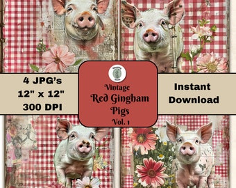 Vintage Red Gingham Pigs Floral Junk Journal Paper Vol 1 Antique Farm Collage, Pig JPG, Scrapbooking Page, Printable Paper Digital Download