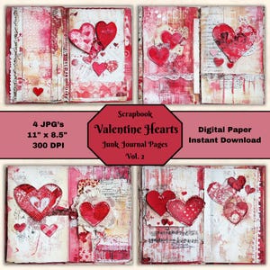 Valentine Hearts Junk Journal Pages: Collage Scrapbook Paper (Digital Download)