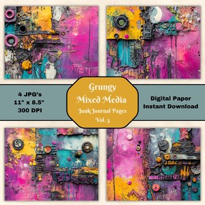 Grungy Mixed Media Junk Journal Page V3 Landscape 11x8.5 Gold Iridescent Oil Color Collage Scrapbooking Printable Paper JPG Digital Download