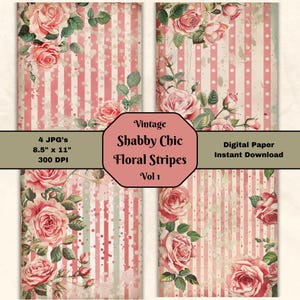 Vintage Shabby Chic Floral Stripes Vol 1 | Rose Greenery Collage Sheet JPG | Scrapbooking Page | Printable Paper Instant Digital Download