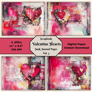 Valentine Hearts Junk Journal Pages: Mixed Media Collage (Digital Download)