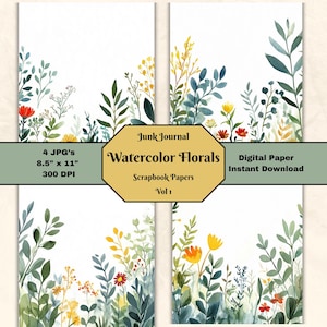 Watercolor Florals Scrapbook Paper V1 Flowers Greenery Mixed Media Decoupage Craft JPG Junk Journal Page 8.5x11 Printable Digital Download