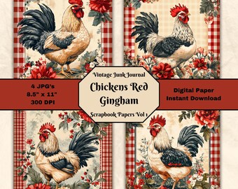 Vintage Chicken Red Gingham Junk Journal Paper Vol 1 Antique Collage Farm Animal 8.5&quot;x11&quot; JPG  Scrapbooking Page Printable Digital Download