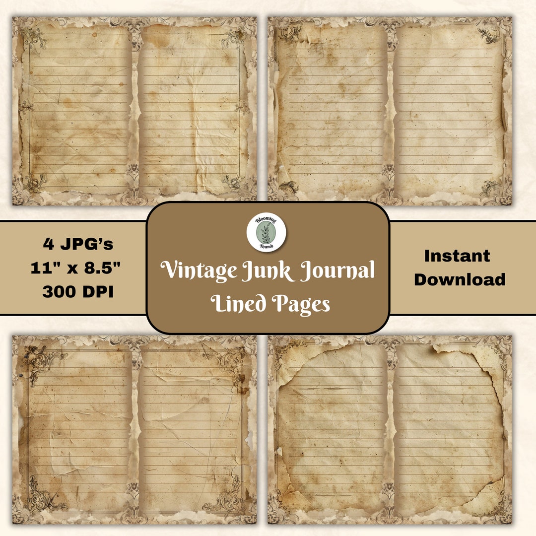 Lined Vintage Junk Journal Pages - Landscape 11x8.5 Digital Paper Sheet ...