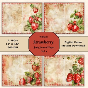 Vintage fraise Junk Journal Pages Vol 1 paysage 11 x 8,5 baies numériques feuille de papier Scrapbooking papier imprimable JPG téléchargement numérique