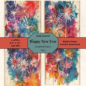 Papier de scrapbooking coloré Happy New Year Vol 3 - célébration techniques mixtes de découpage artisanat JPG Junk Journal 8,5 x 11 téléchargement numérique imprimable