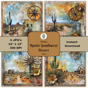 vintage rustique du sud-ouest du désert Vol 1 feuille de collage antique Cactus fleurs JPG page de scrapbooking | Papier imprimable en téléchargement numérique