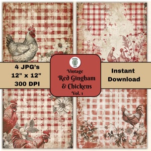 Papel de diario basura con diseño de gallinas de cuadros rojos antiguos, volumen 1, collage antiguo, flores de granja, 12 x 12, JPG, página de álbum de recortes, descarga digital imprimible