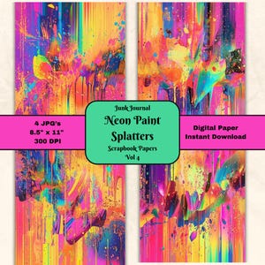 Neon Paint Splatter Scrapbook Paper Vol 4 - Colorful Abstract Art Decoupage Craft JPG Junk Journal 8.5x11 Printable Page Digital Download